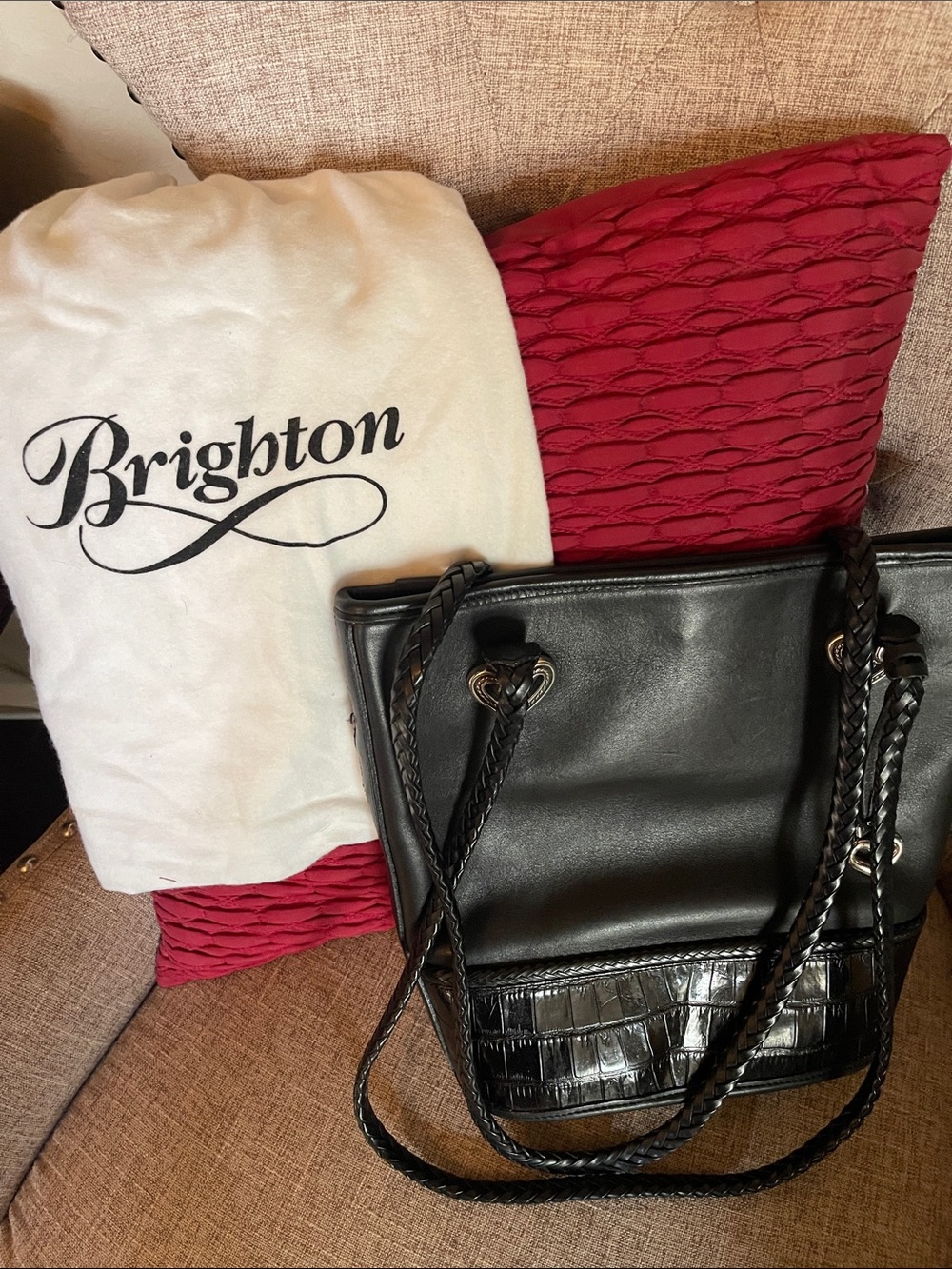 Brighton Vintage Black Leather and Croc embossed Tote Bag with Braided Straps